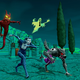 A demon, vampire, werewolf and green ghost charge together in a cemetery.